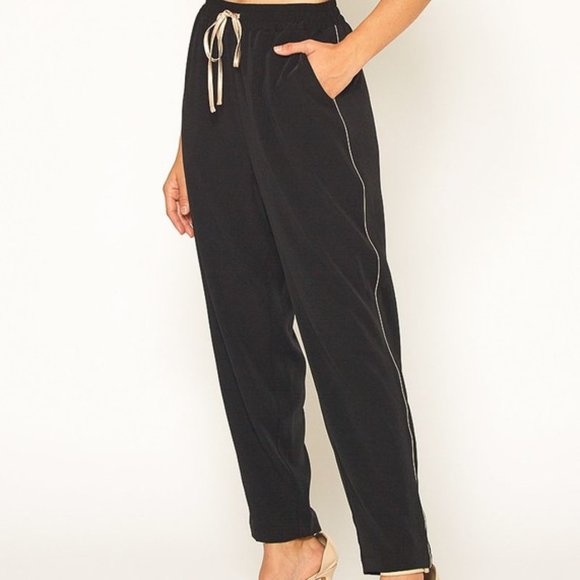 Drawstring Pants with Beige Satin Side Trim - Picture 3 of 4